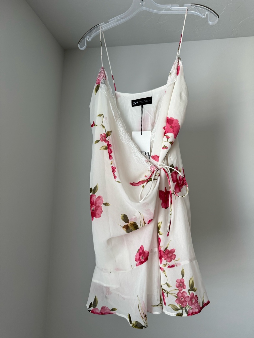 NWT Zara White Floral Wrap Slip Dress with Pink Blossoms